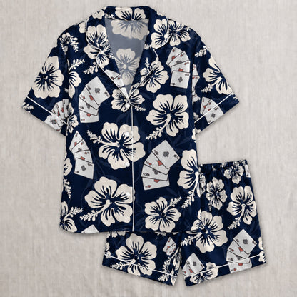 PJ-056-Satin Colorful Hibiscus Casino White Piping Button Up Pajama Set