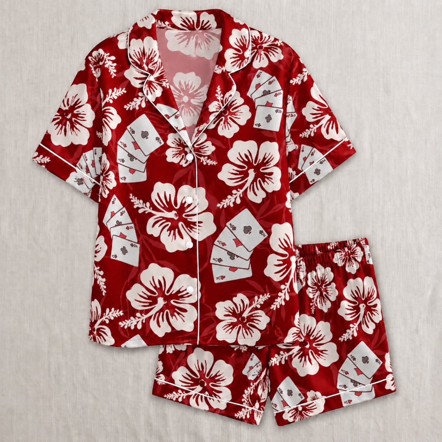 PJ-056-Satin Colorful Hibiscus Casino White Piping Button Up Pajama Set