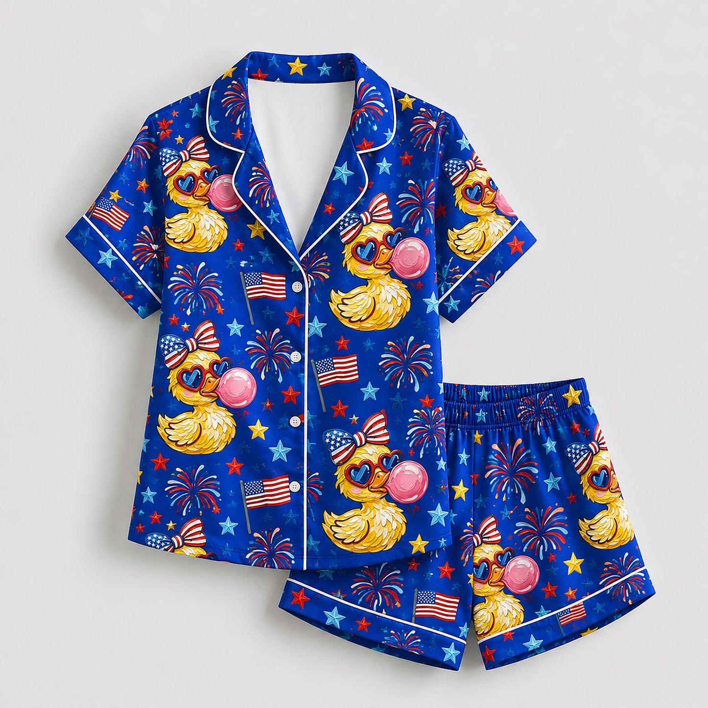 PJ-207-Unisex Satin Pajama Set with Patriotic Duck Fireworks Print Button Down Sleepwear Shirt and Bottoms