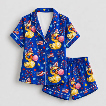 PJ-207-Unisex Satin Pajama Set with Patriotic Duck Fireworks Print Button Down Sleepwear Shirt and Bottoms