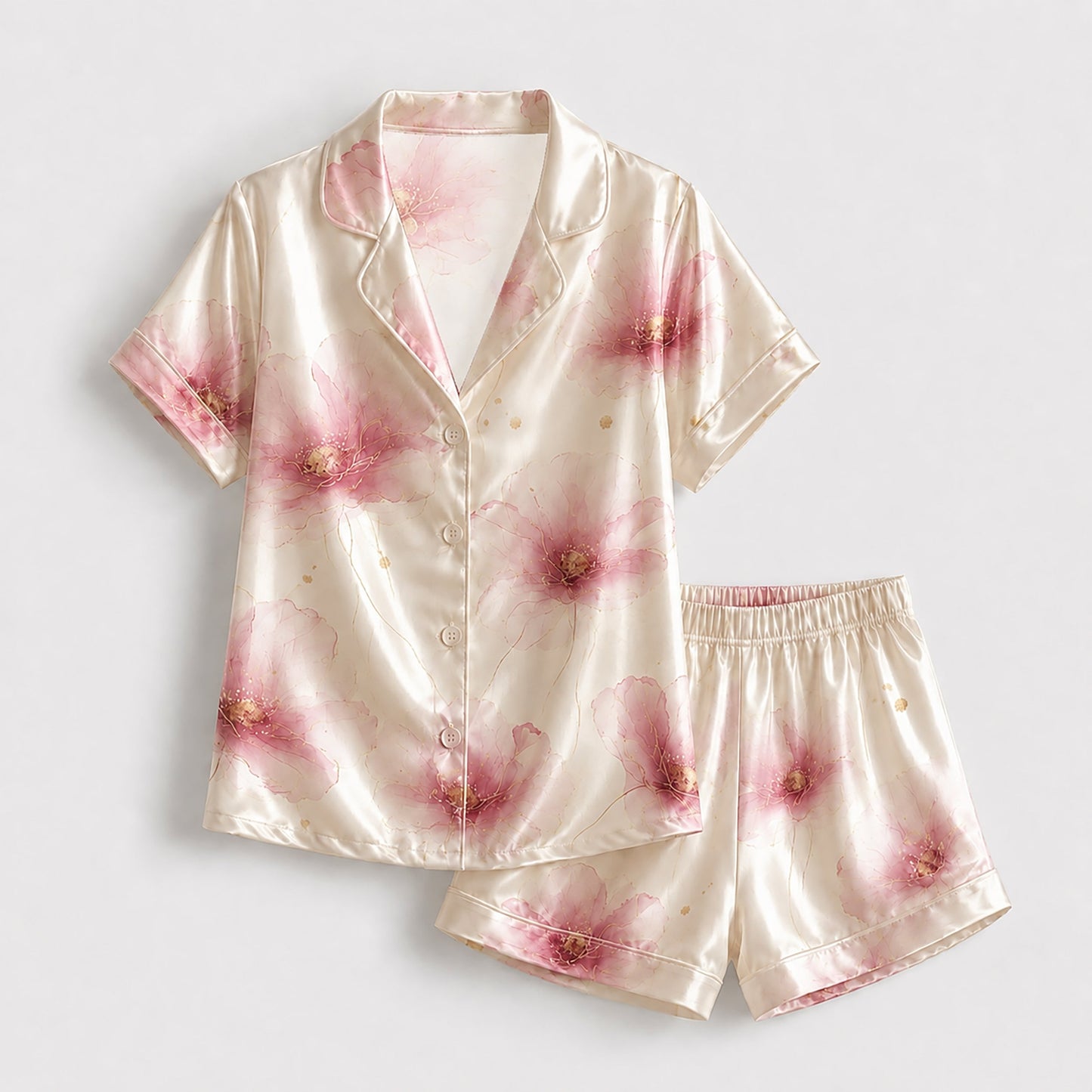 PJ-119-Watercolor Blossom Satin Pajama Set, Graphic Poppy Patterned Multicolor Unisex Loungewear Nightwear Apparel