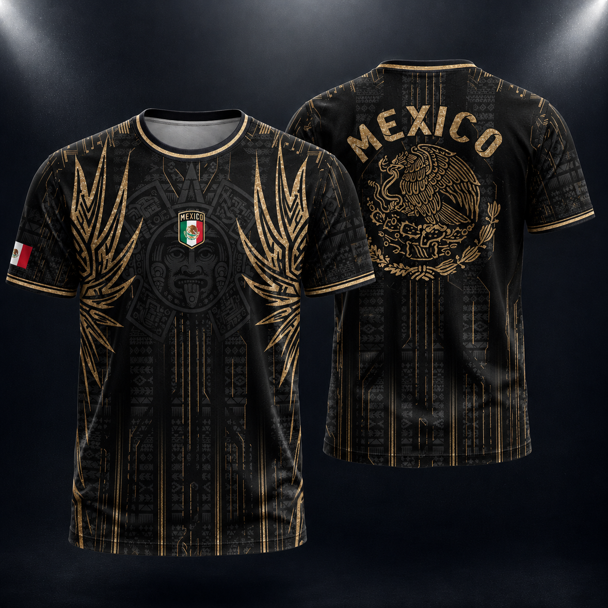 SJ-283-Adult/Youth Black Gold Mexico Aztec Calendar Clothing Set Graphic Soccer Jersey Cultural Pride Matching Apparel
