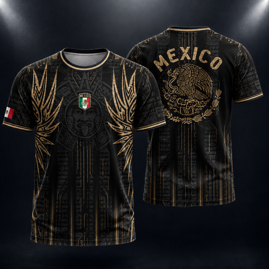 SJ-283-Adult/Youth Black Gold Mexico Aztec Calendar Clothing Set Graphic Soccer Jersey Cultural Pride Matching Apparel