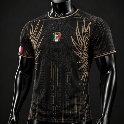 SJ-283-Adult/Youth Black Gold Mexico Aztec Calendar Clothing Set Graphic Soccer Jersey Cultural Pride Matching Apparel