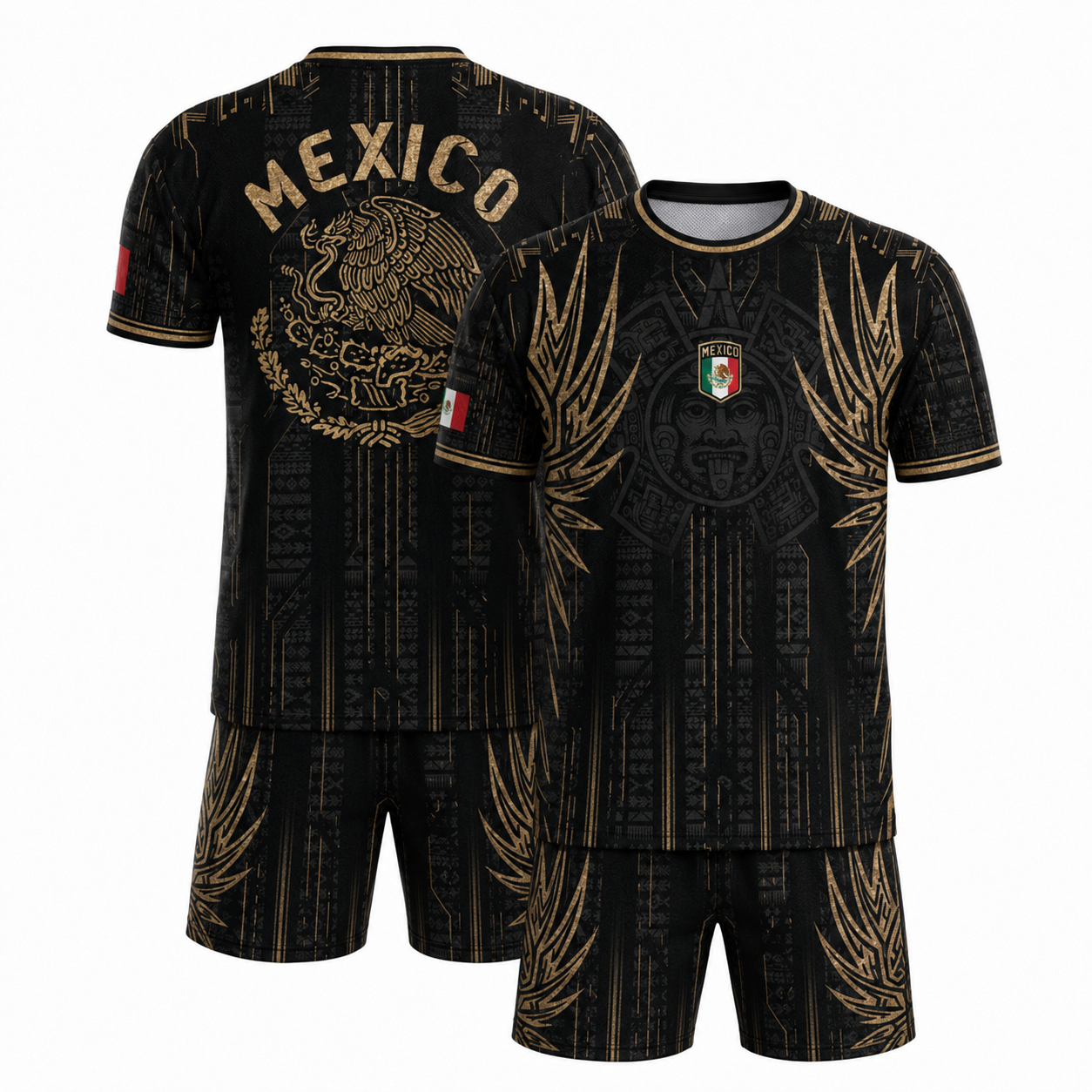 SJ-283-Adult/Youth Black Gold Mexico Aztec Calendar Clothing Set Graphic Soccer Jersey Cultural Pride Matching Apparel
