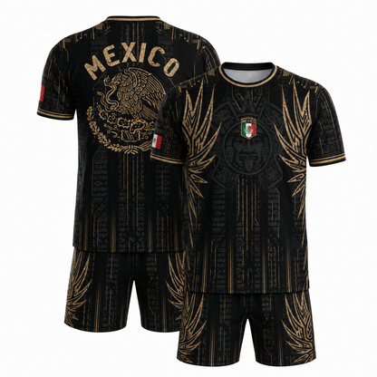 SJ-283-Adult/Youth Black Gold Mexico Aztec Calendar Clothing Set Graphic Soccer Jersey Cultural Pride Matching Apparel