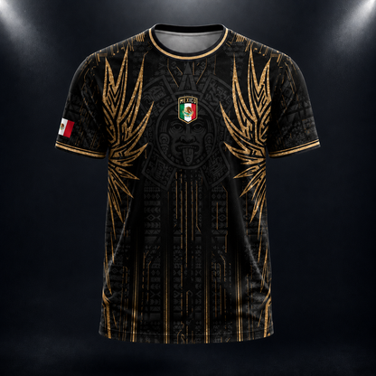 SJ-283-Adult/Youth Black Gold Mexico Aztec Calendar Clothing Set Graphic Soccer Jersey Cultural Pride Matching Apparel