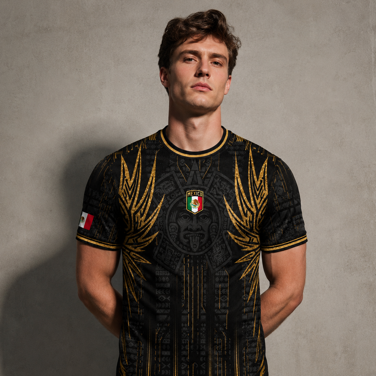 SJ-283-Adult/Youth Black Gold Mexico Aztec Calendar Clothing Set Graphic Soccer Jersey Cultural Pride Matching Apparel