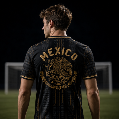 SJ-283-Adult/Youth Black Gold Mexico Aztec Calendar Clothing Set Graphic Soccer Jersey Cultural Pride Matching Apparel