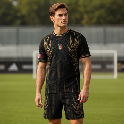 SJ-283-Adult/Youth Black Gold Mexico Aztec Calendar Clothing Set Graphic Soccer Jersey Cultural Pride Matching Apparel