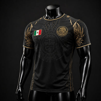 SJ-291-Adult/Youth Mexico Aztec Calendar Soccer Jersey, Black Gold Patriotic Football Shirt Tournament Fan Wear Custom
