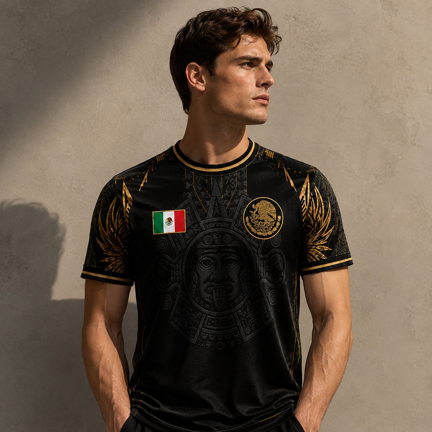 SJ-291-Adult/Youth Mexico Aztec Calendar Soccer Jersey, Black Gold Patriotic Football Shirt Tournament Fan Wear Custom