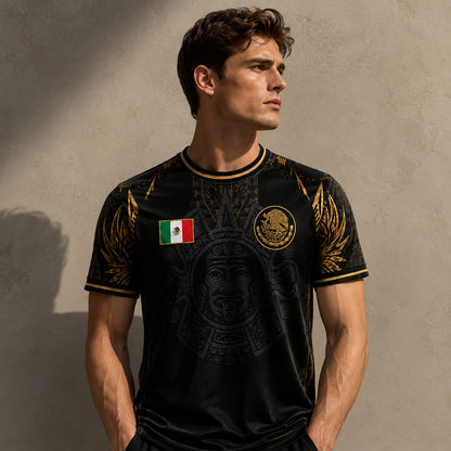 SJ-291-Adult/Youth Mexico Aztec Calendar Soccer Jersey, Black Gold Patriotic Football Shirt Tournament Fan Wear Custom