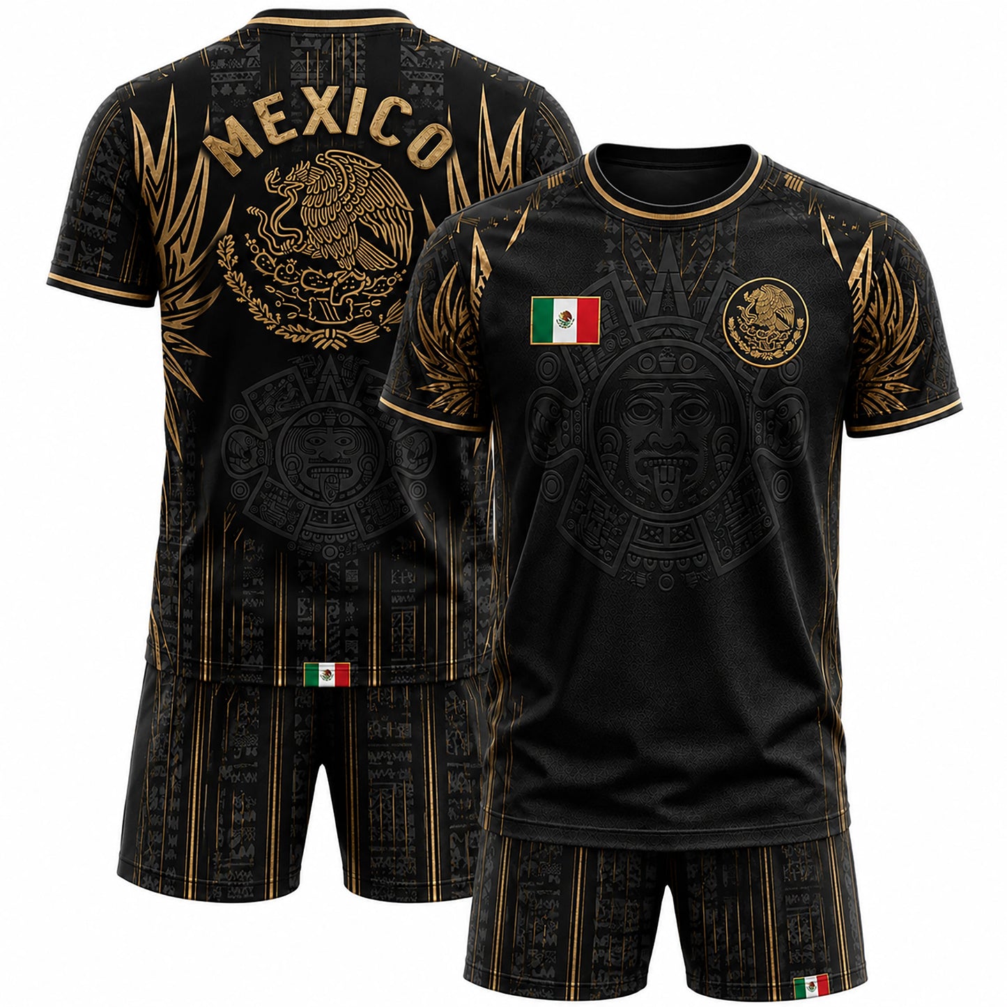 SJ-291-Adult/Youth Mexico Aztec Calendar Soccer Jersey, Black Gold Patriotic Football Shirt Tournament Fan Wear Custom