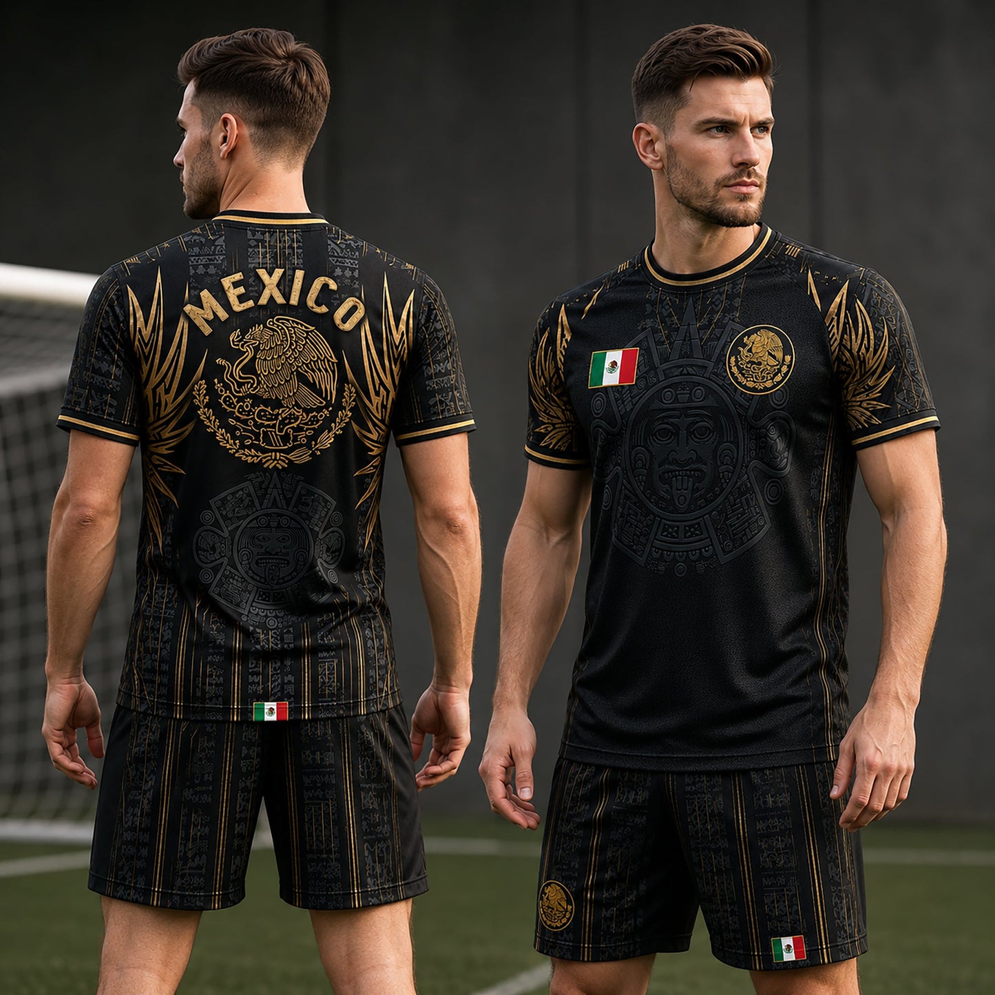 SJ-291-Adult/Youth Mexico Aztec Calendar Soccer Jersey, Black Gold Patriotic Football Shirt Tournament Fan Wear Custom