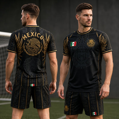 SJ-291-Adult/Youth Mexico Aztec Calendar Soccer Jersey, Black Gold Patriotic Football Shirt Tournament Fan Wear Custom