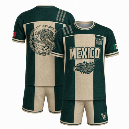 SJ-284-Adult/Youth Green Mexico Aztec Calendar Clothing Set Graphic Soccer Jersey Cultural Pride Matching Outfit Apparel
