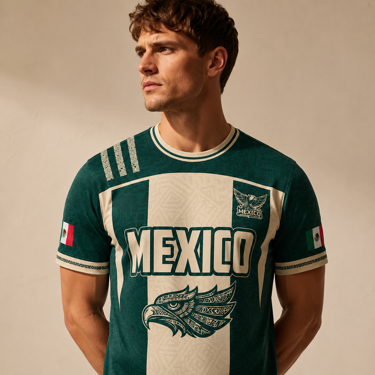 SJ-284-Adult/Youth Green Mexico Aztec Calendar Clothing Set Graphic Soccer Jersey Cultural Pride Matching Outfit Apparel