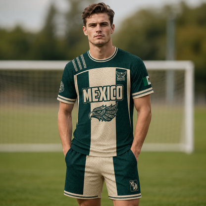 SJ-284-Adult/Youth Green Mexico Aztec Calendar Clothing Set Graphic Soccer Jersey Cultural Pride Matching Outfit Apparel