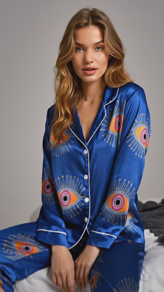 PJ-166-Unisex Satin Pajama Set with Evil Eye Boho Print Button Down Sleepwear Shirt and Bottoms