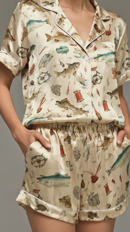 PJ-257-Fishing Theme Satin Sleepwear Set With Button Up Top And Elastic Waist Matching Bottoms