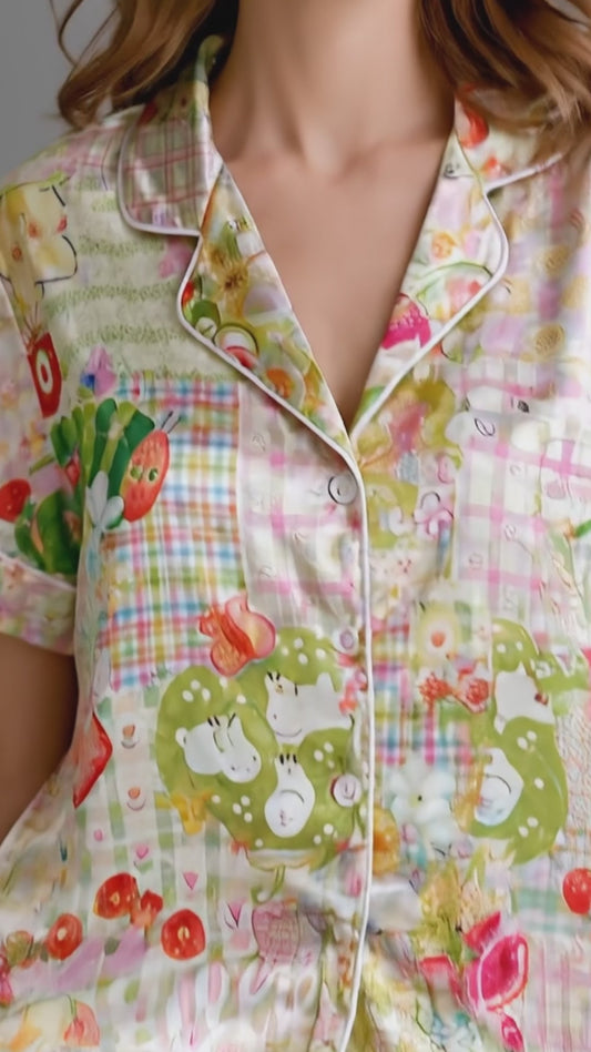 PJ-159-Satin Pastel Patchwork Storybook Picnic White Piping Button Up Pajama Set