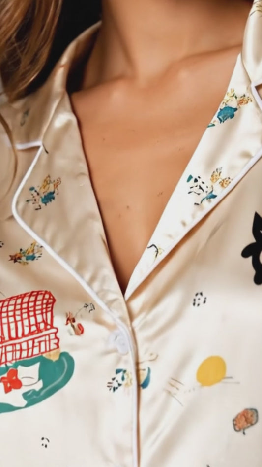 PJ-104-Unisex Cream Satin Whimsical Feline Theme Pajamas Button Up Sleepwear Nightwear Loungewear Animal Clothing Set