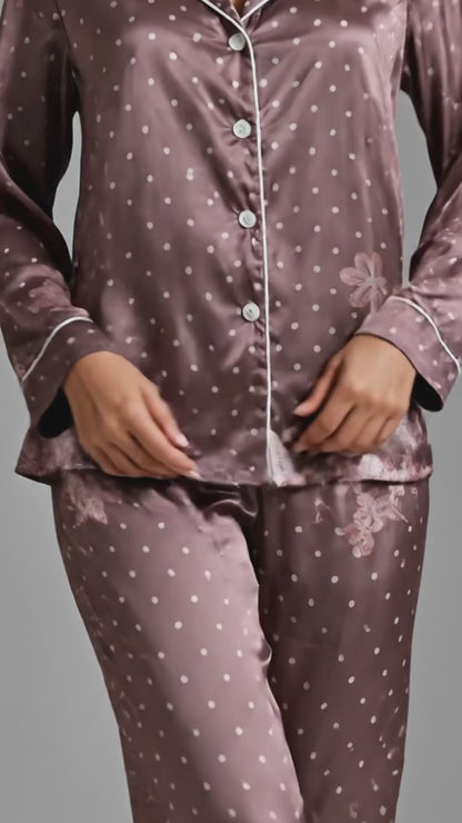 PJ-133-Women Polka Dot Satin Pajamas Floral Border Pattern Loungewear Sleepwear Nightwear Brown Taupe Pjs Matching Set