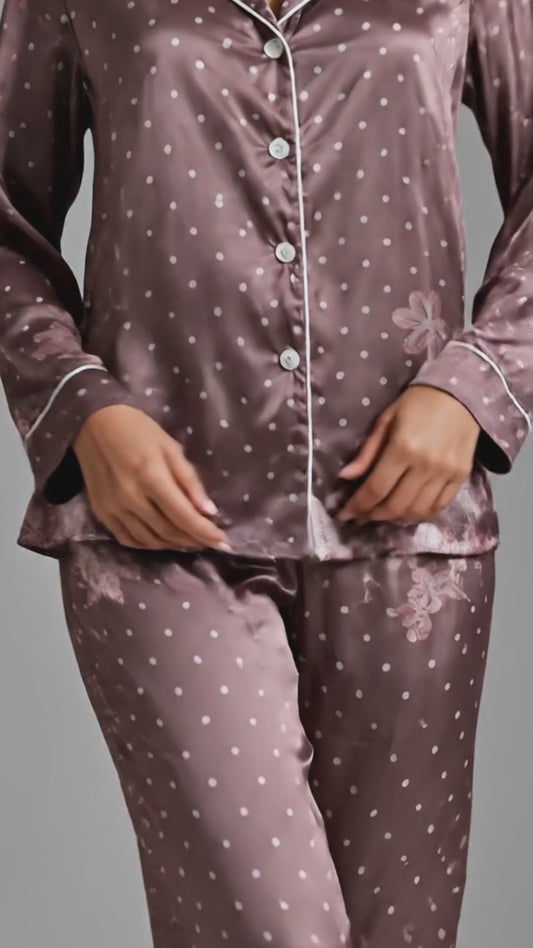 PJ-133-Women Polka Dot Satin Pajamas Floral Border Pattern Loungewear Sleepwear Nightwear Brown Taupe Pjs Matching Set