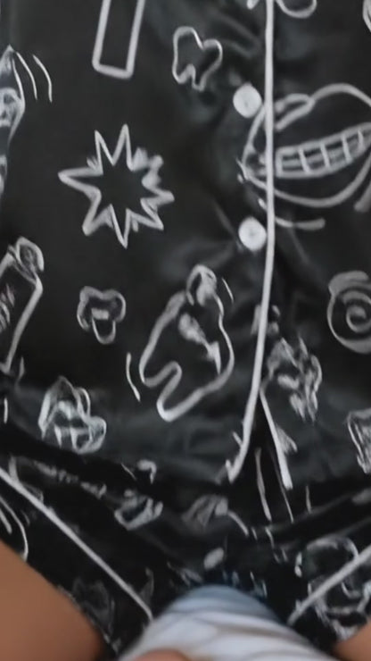 PJ-260-Black Dental Hygiene Satin Pajama Set, Obsidian Graphic Tooth Loungewear Sleepwear Collection Nightwear