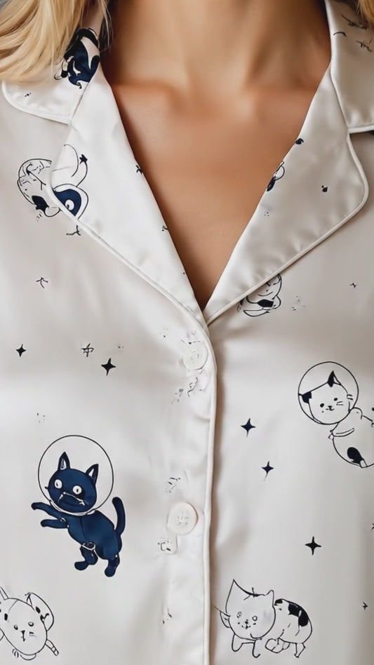 PJ-143-Unisex Satin Pajamas with Astronaut Cat Print White Button Front Sleepwear Set