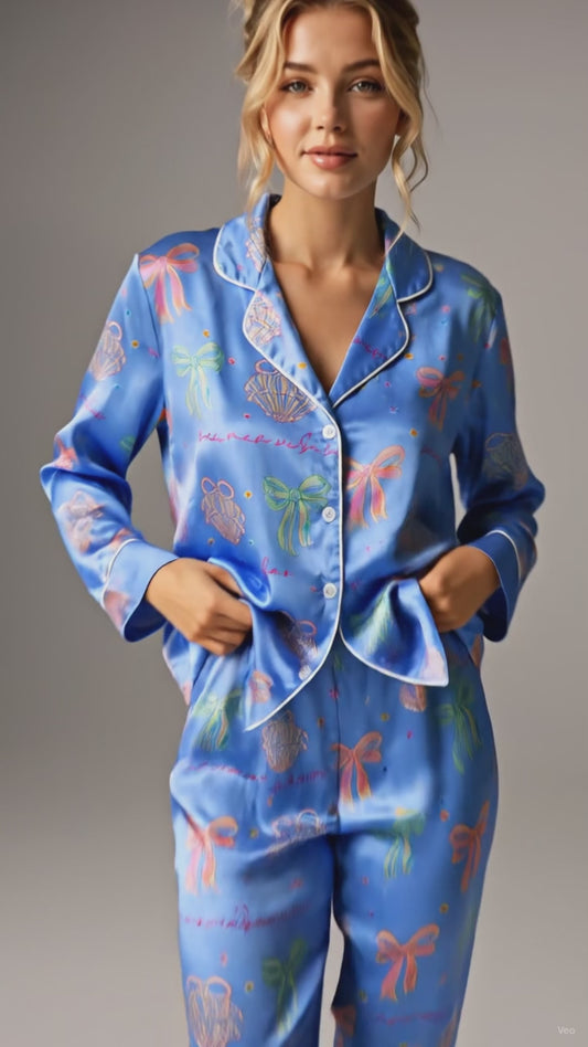 PJ-206-The Mermaidcore Coastal Bow Satin Sleep Set