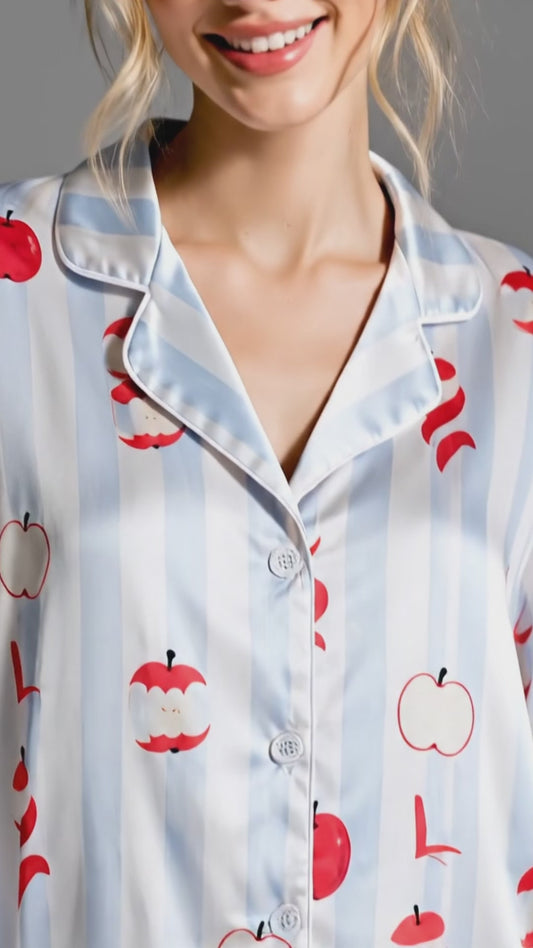 PJ-142-Unisex Satin Pajama Set with Red Apple Print Blue Striped Button Down Sleepwear Shirt and Pants