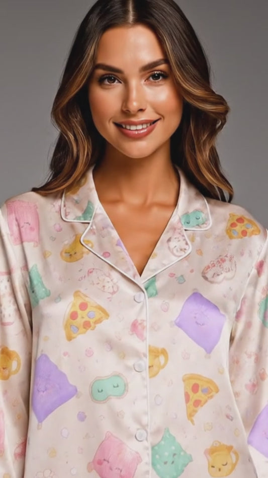 PJ-042-Satin Pastel Slumber Party Pink Piping Button Up Long Pajama Set