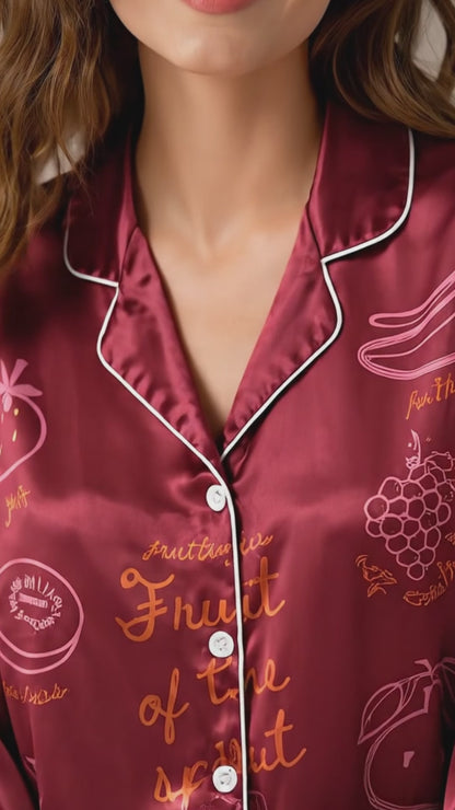 PJ-140-Unisex Satin Pajamas with Fruit of the Spirit Burgundy Print Button Front Sleepwear Set