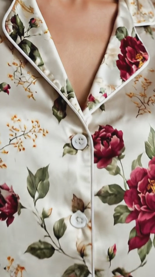 PJ-255-Floral Pure Satin Pajama Set, White Rose Peony Print Botanical Loungewear Sleepwear Collection