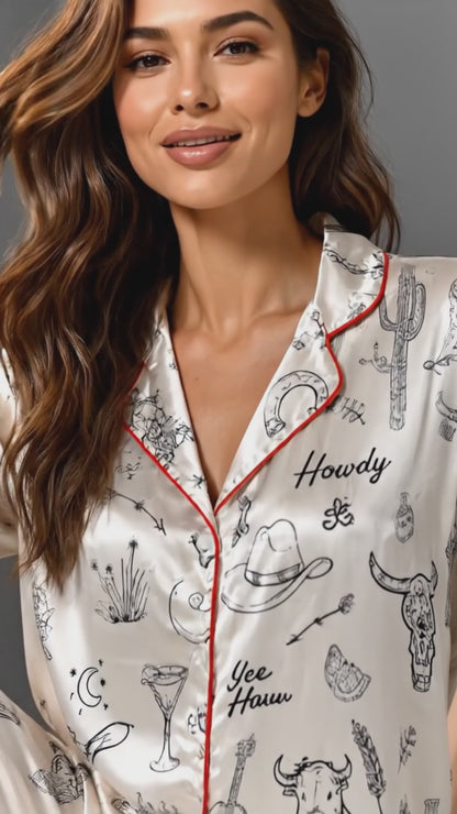 PJ-098-Unisex Western Cowboy Rodeo Satin Pajama Set with High Quality Ranch Illustration Print