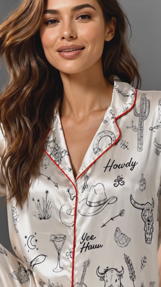 PJ-098-Unisex Western Cowboy Rodeo Satin Pajama Set with High Quality Ranch Illustration Print