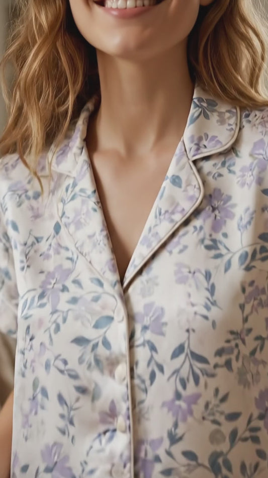 PJ-174-Satin White Pastel Lilac Floral Classic Piping Button Up Pajama Set