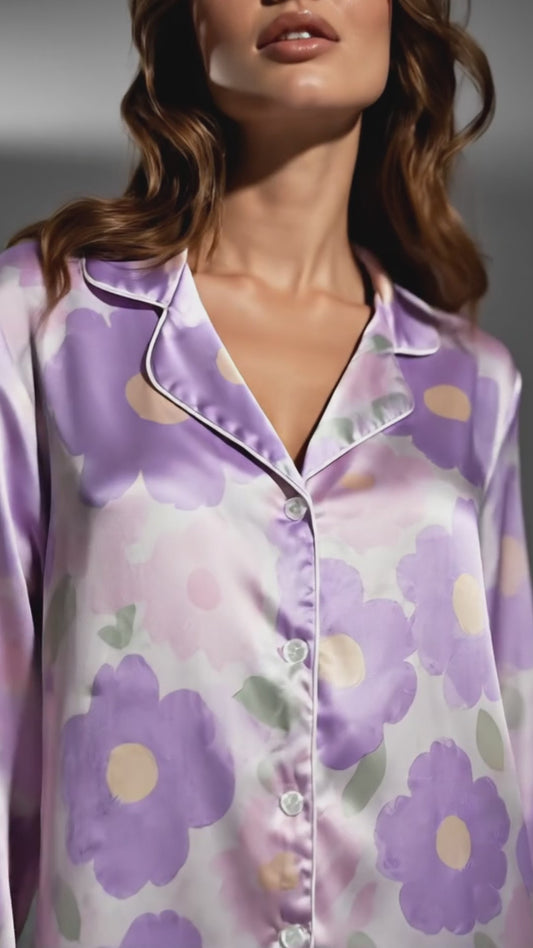 PJ-132-Abstract Botanical Pattern Pajamas Luxury Satin Pastel Violet Theme Boxy Fit Loungewear Sleepwear Nightwear Apparel Set