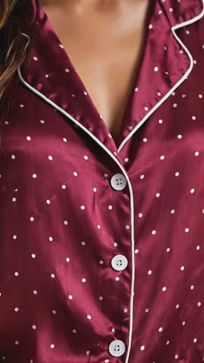PJ-126-Women Polka Dot Print Satin Pajamas Classic Spot Loungewear Sleepwear Nightwear Burgundy White Pjs Two Piece Set