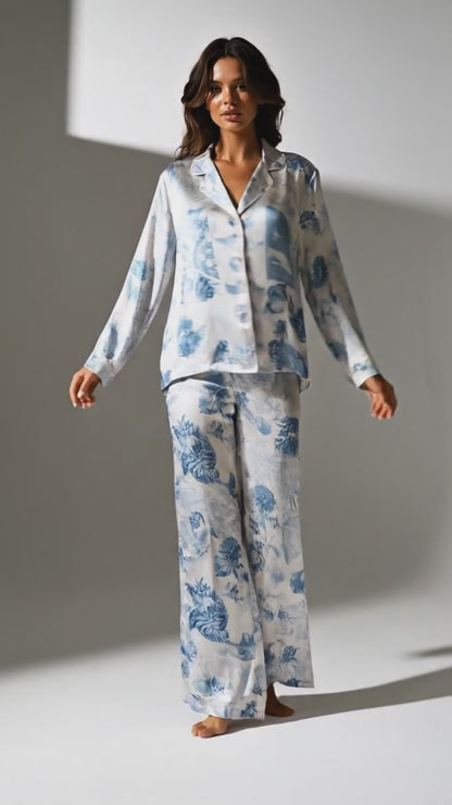 PJ-102-Blue Unisex Satin Palm Tree Pattern Pajamas Toile Nautical Graphic Loungewear Sleepwear Nightwear Apparel Matching Set