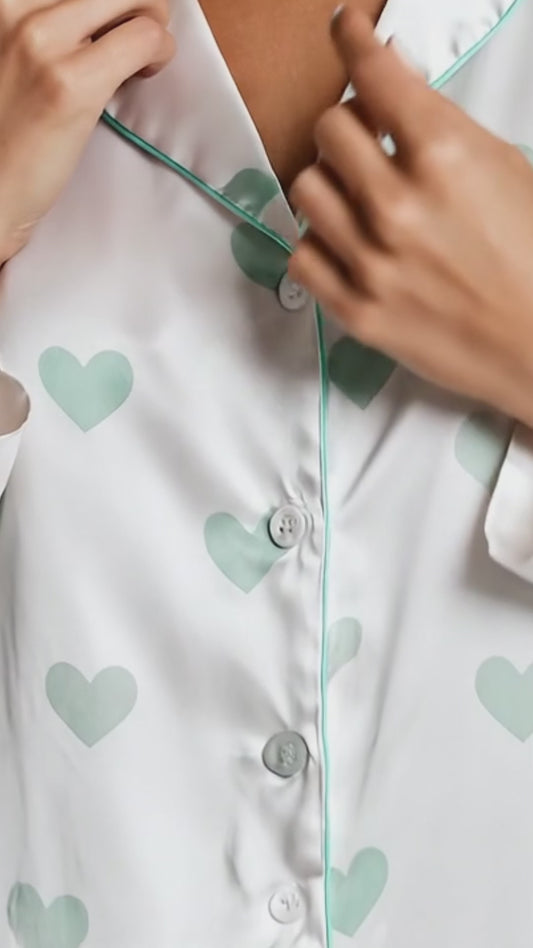 PJ-191-Heart Graphic Satin Pajama Set, White Multicolor Mint Green Valentine Loungewear Sleepwear Collection