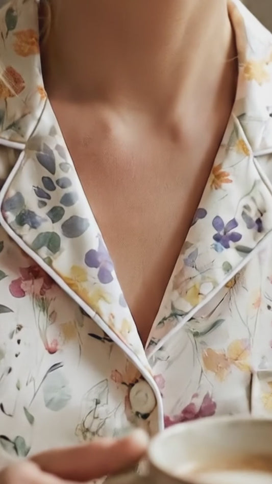PJ-175-Pastel Floral Satin Pajama Set With Button Up Shirt And Soft Matching Bottoms