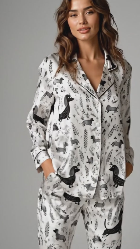 PJ-099-White Unisex Satin Dachshund Pattern Pajamas Black Grey Puppy Loungewear Sleepwear Nightwear Apparel Matching Set