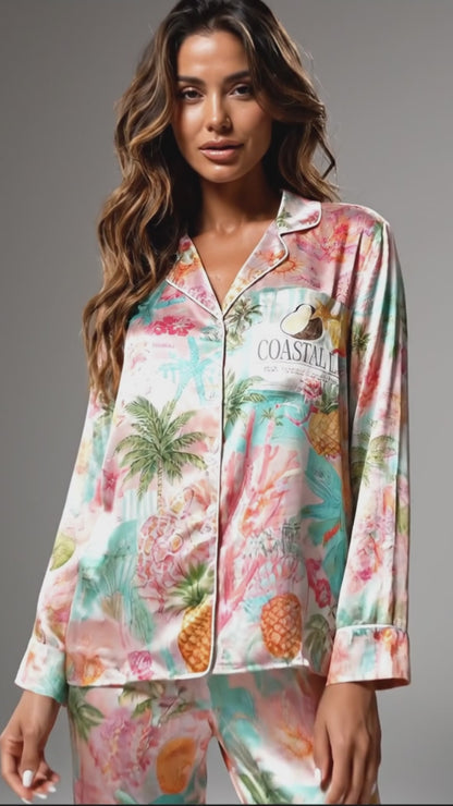 PJ-101-Unisex Pink Satin Novelty Beach Theme Pajamas Button Up Sleepwear Nightwear Loungewear Summer Clothing Set