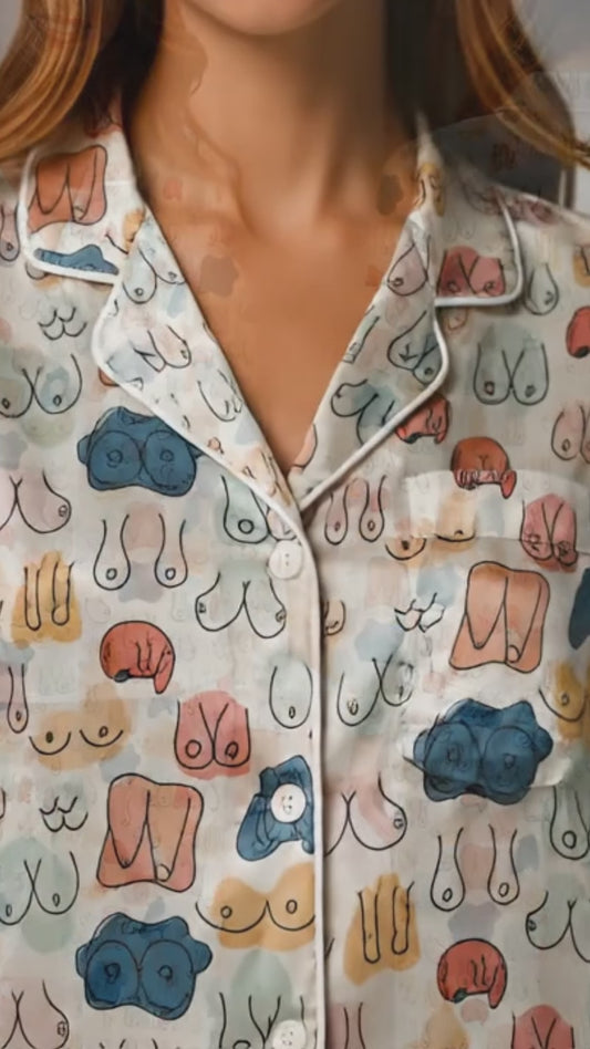 PJ-048-Satin Colorful Abstract Line Art White Piping Button Up Pajama Set