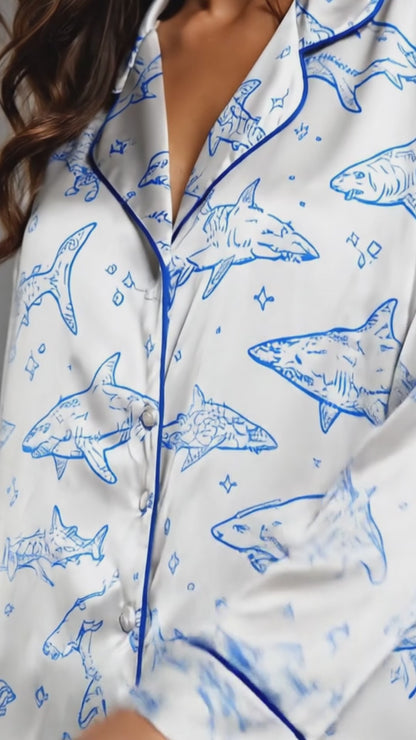 PJ-110-Unisex Men Women Cream Shark Print Satin Pajamas Nautical Great White Loungewear Sleepwear Nightwear Pjs Set