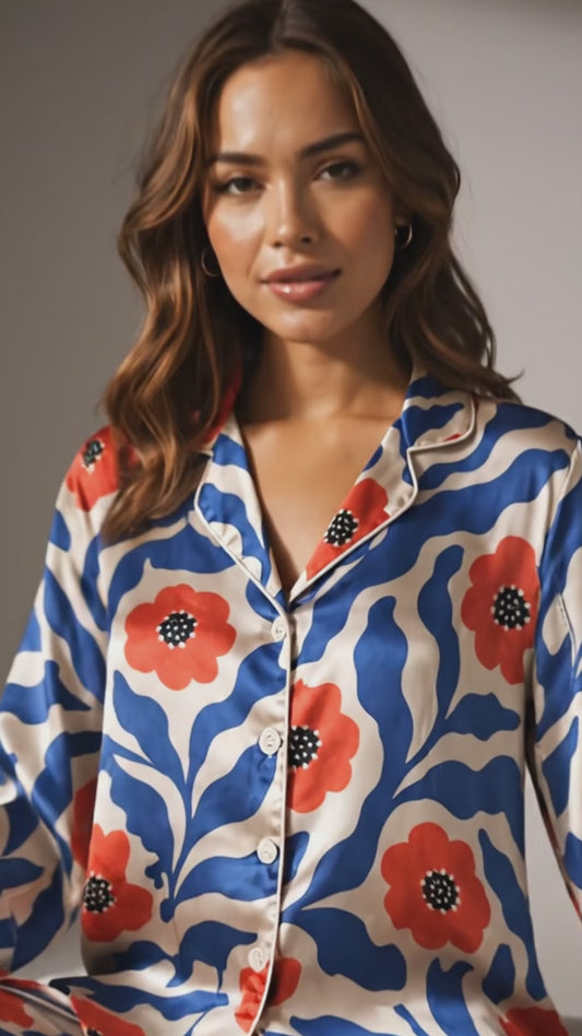 PJ-124-Abstract Botanical Pattern Pajamas Luxury Satin Cobalt Blue Leaf Theme Boxy Fit Loungewear Sleepwear Nightwear Apparel Set