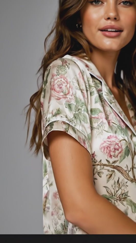 PJ-127-Cream Chinoiserie Peony Floral Print Satin Pajamas Oriental Blossom Loose Fit Loungewear Sleepwear Nightwear Pjs Clothing Set